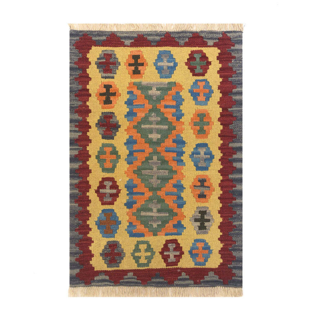 Tapis Kilim Qashqai Persan authentique tissé à la main dans le Fars, jaune