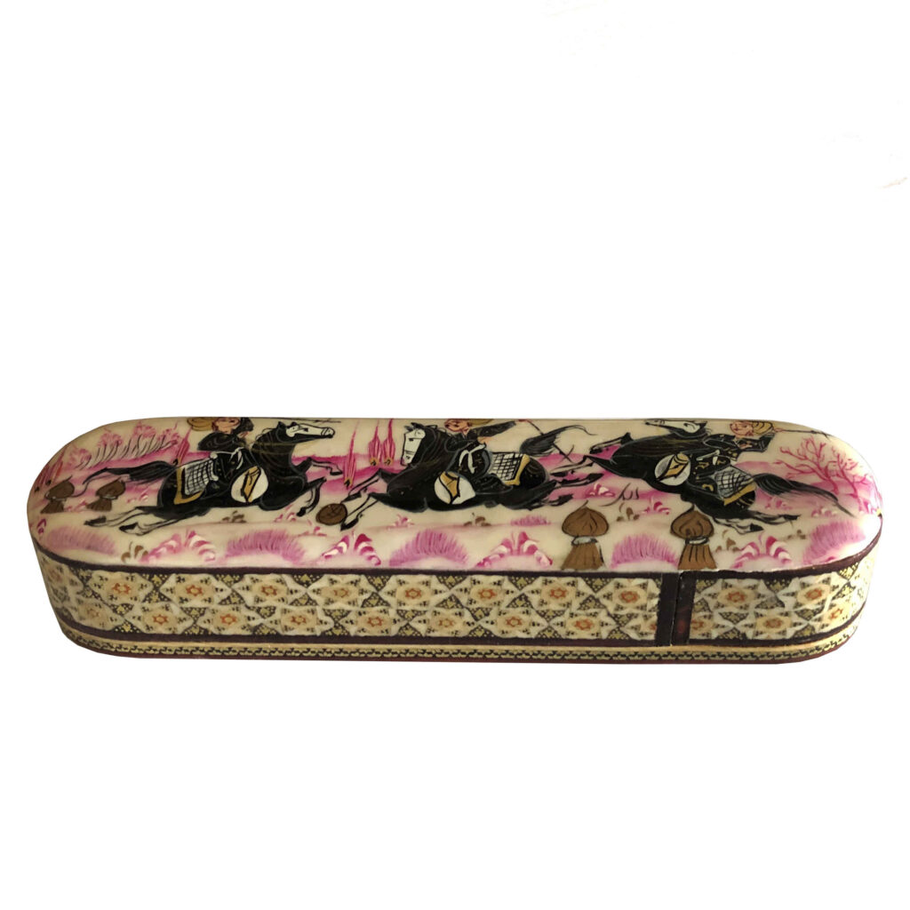 Boîte à crayons en bois persane artisanale avec design cheval