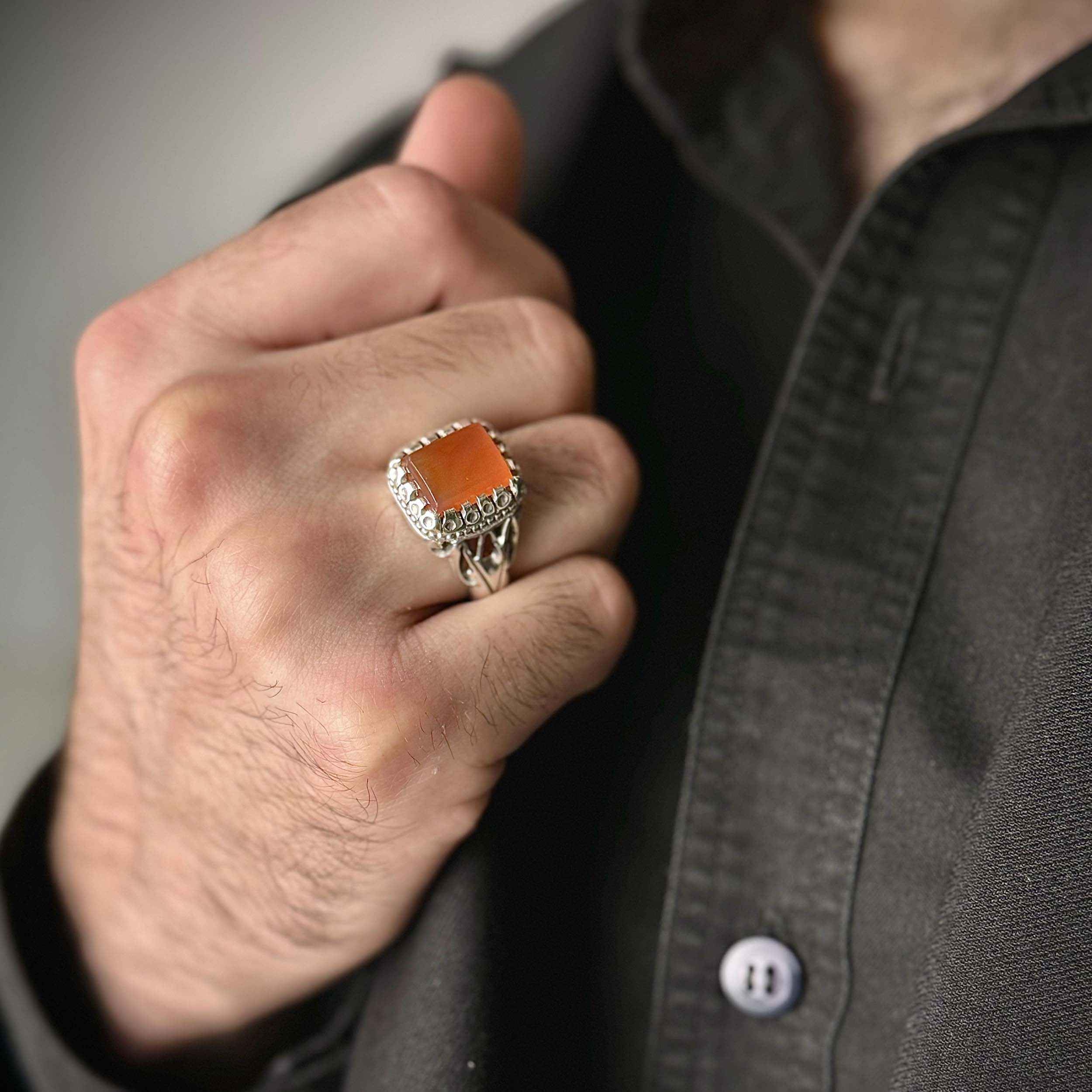 Bague en argent Aqeeq yéménite persane pour hommes – Fabriquée à la main
