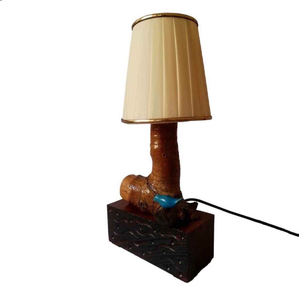 Lampe de table rustique en bois naturel fait main avec motif d'oiseau