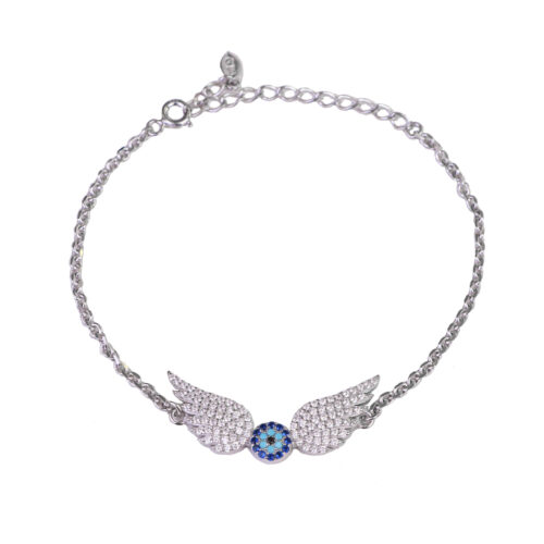 Bracelet femme en argent avec chaîne, œil porte-bonheur et ailes d’ange – Bijou élégant