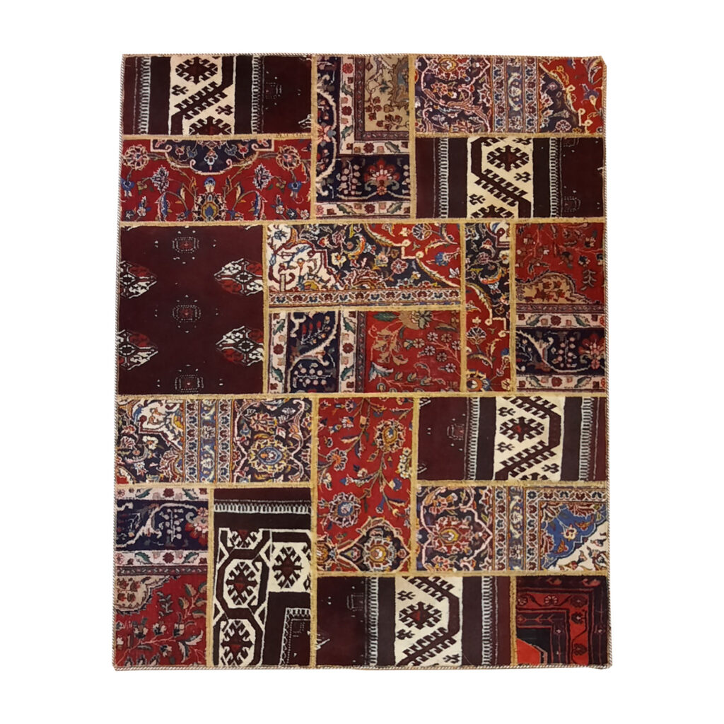 Tapis Persan Vintage Patchwork Noué à la Main Géométrique Rouge