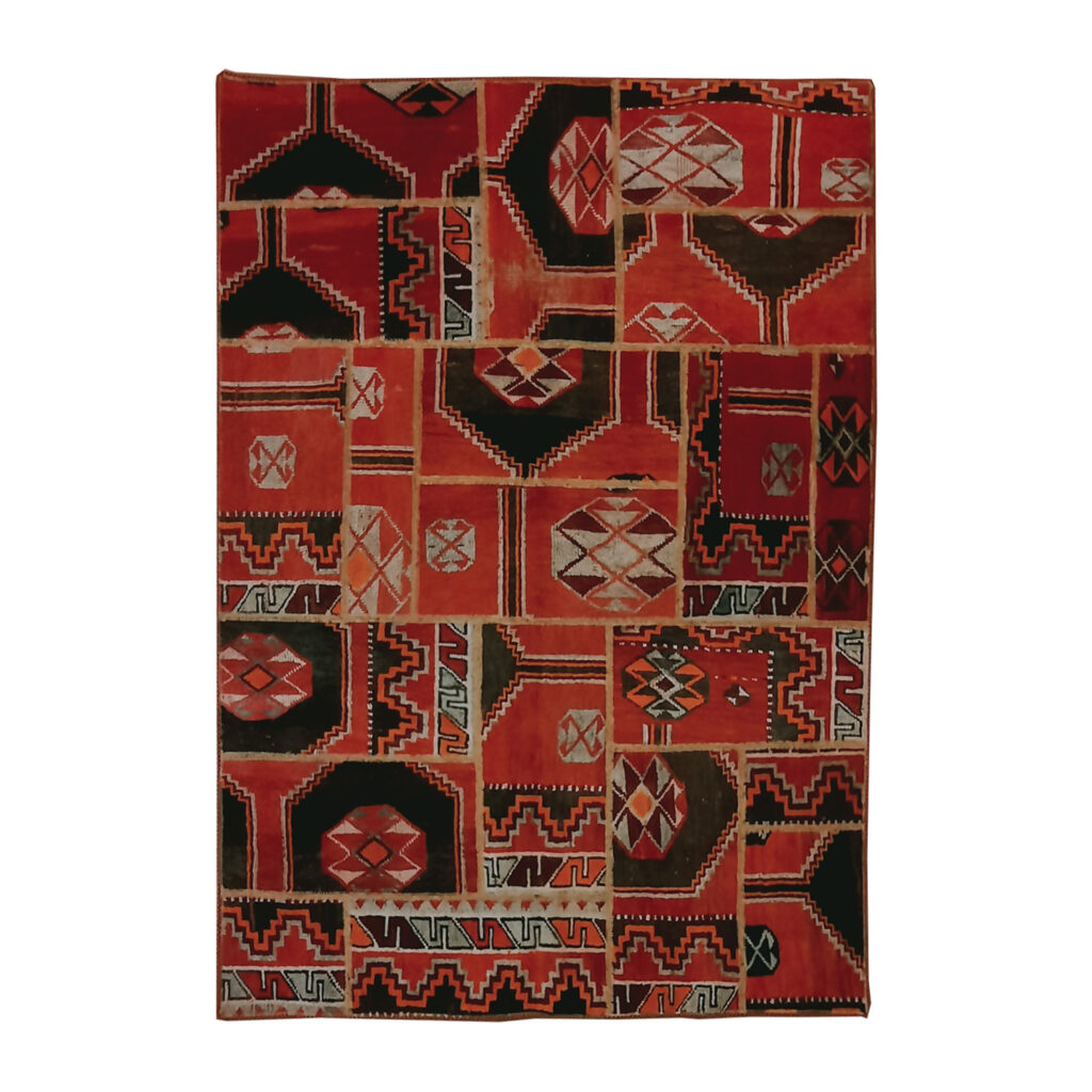 Tapis Persan Vintage Patchwork Noué à la Main Géométrique Rouge