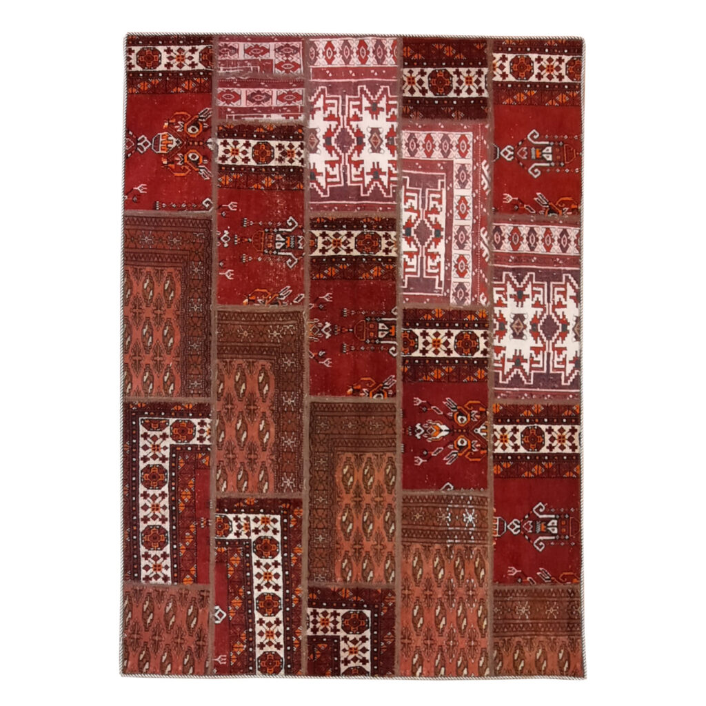 Tapis Persan Vintage Patchwork Noué à la Main Géométrique Traditionnel Rouge