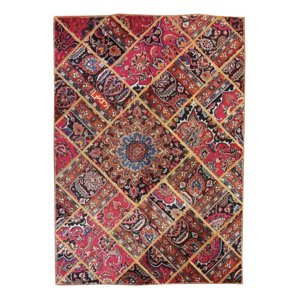 Tapis Persan Vintage Patchwork Noué à la Main Magenta