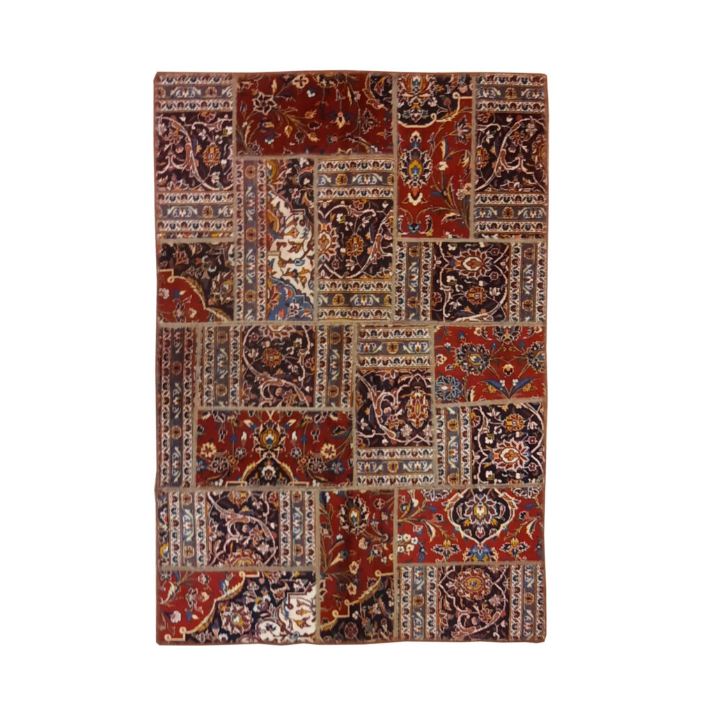 Tapis Persan Vintage Patchwork Noué à la Main Marron Foncé