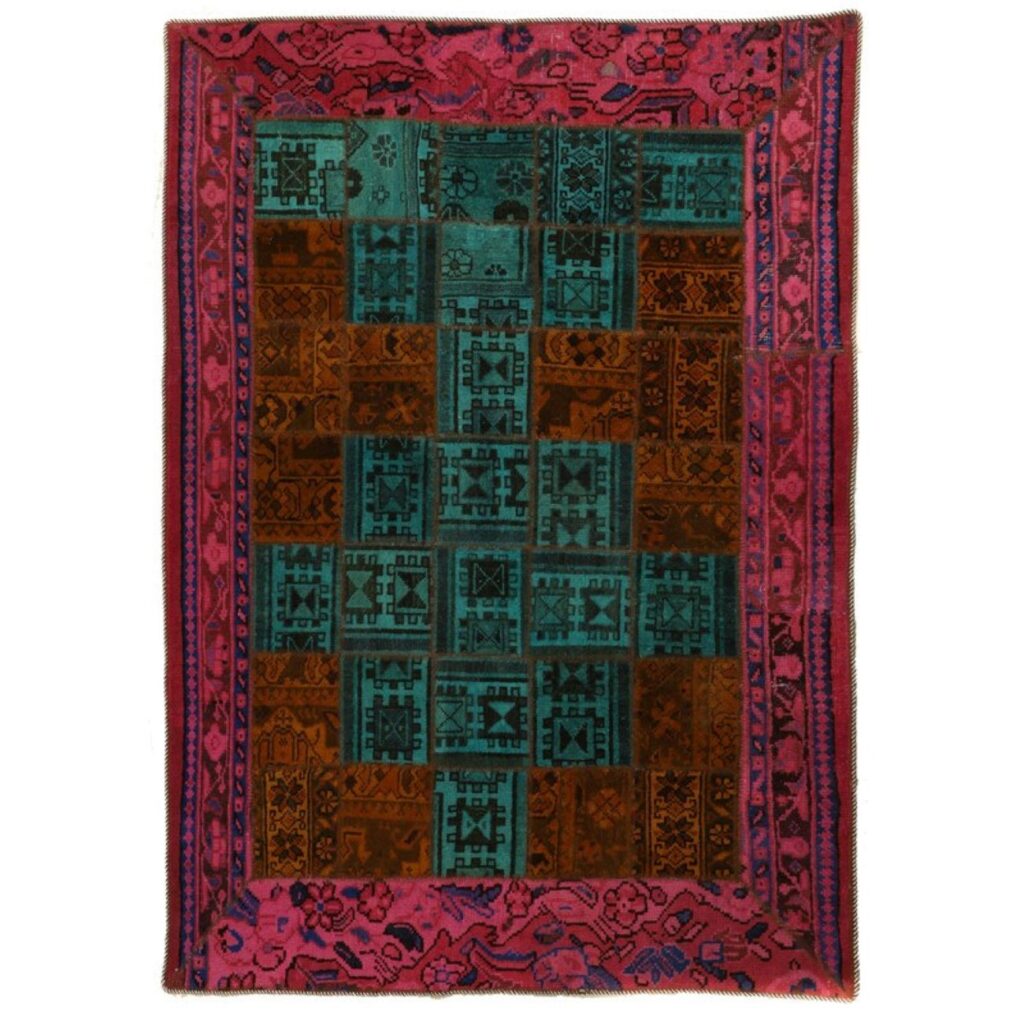 Tapis Persan Vintage Patchwork Noué à la Main Rose