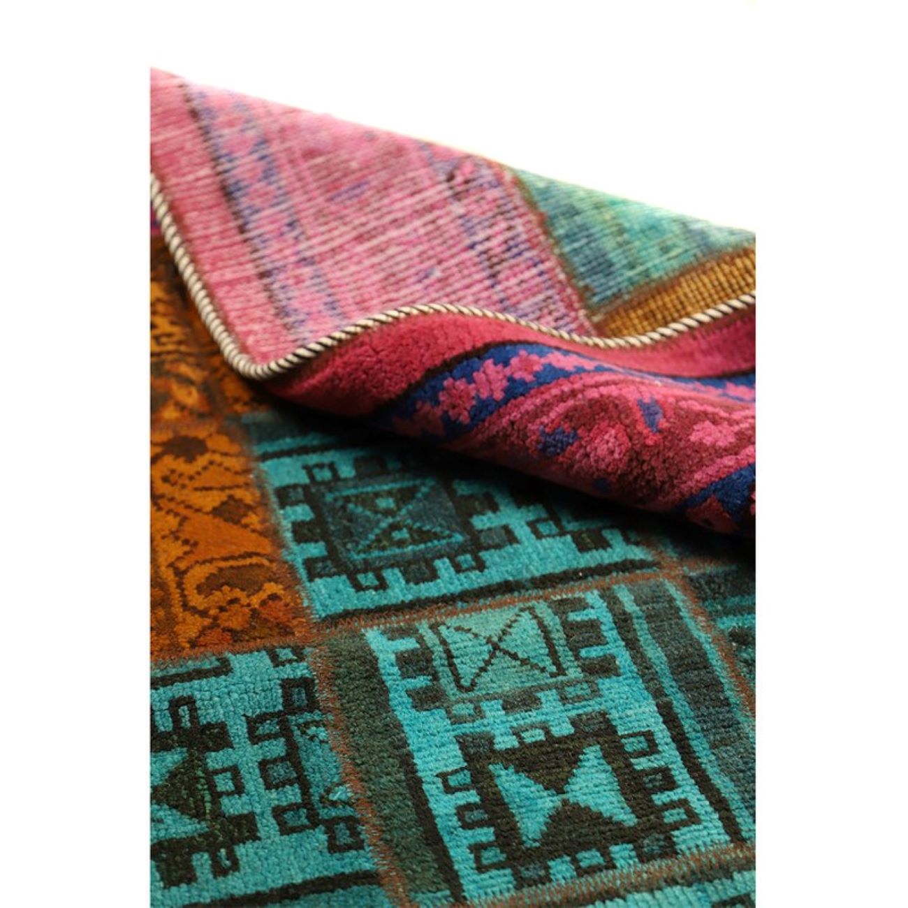 Tapis Persan Vintage Patchwork Noué à la Main Rose