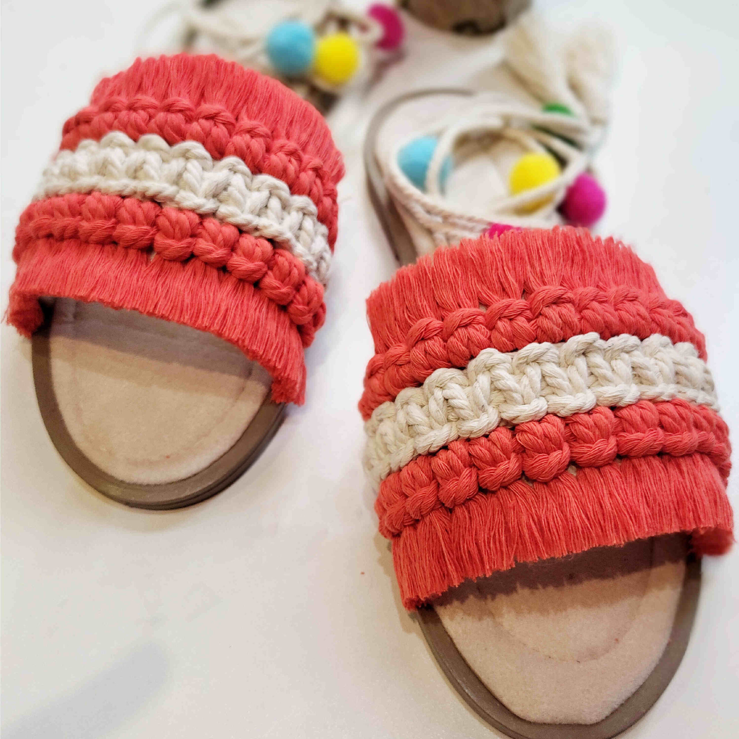 Sandales Sling Back en Macramé pour Femmes, Modèle Pom Pom