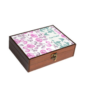 Boîte organisatrice en bois pour thé avec compartiments et design floral