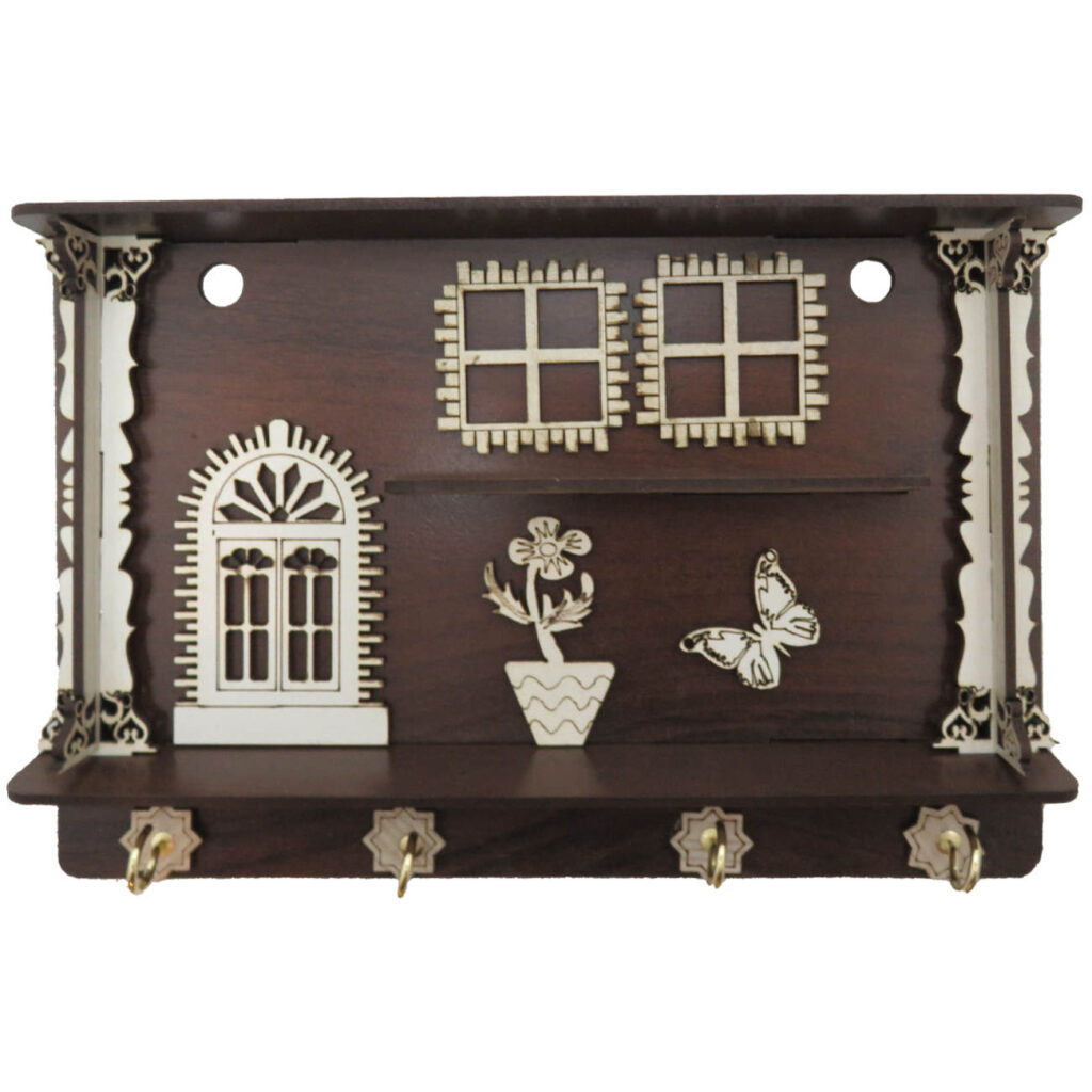 Porte-clés mural en bois avec quatre crochets modèle Maison