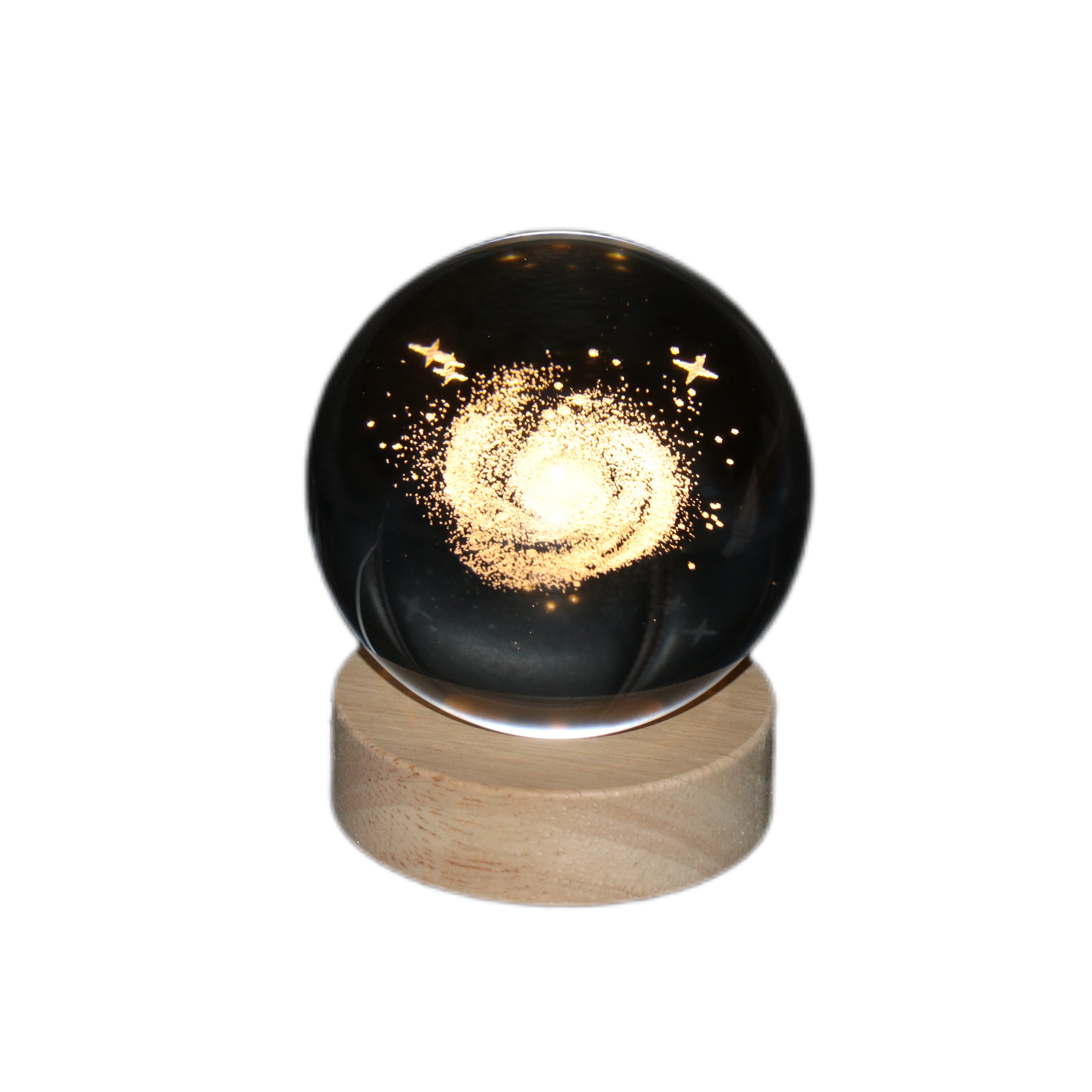 Veilleuse boule de cristal 3D – Voie lactée avec base en bois