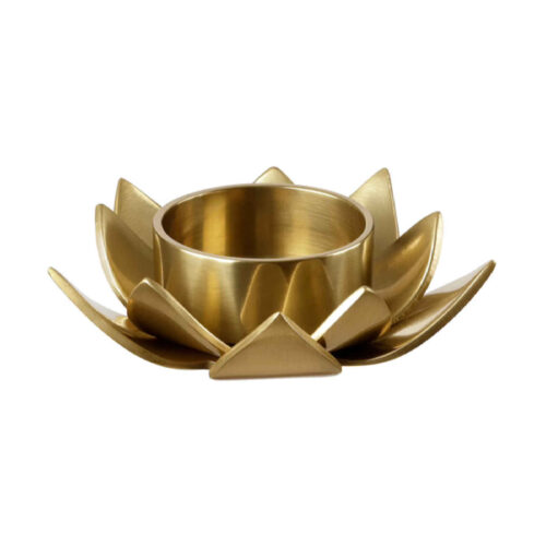 Porte-bougie en acier brillant avec design de lotus en doré.