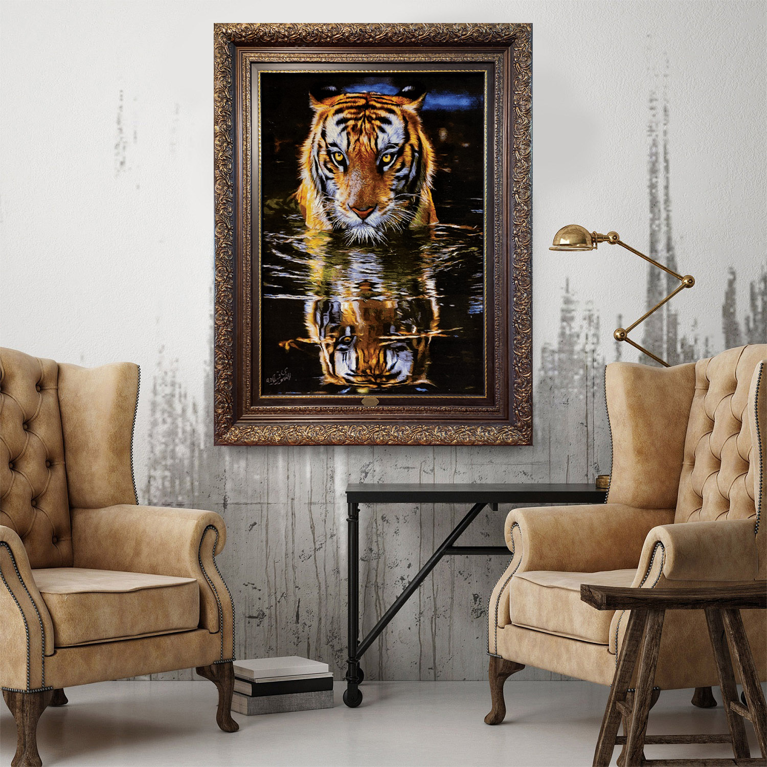 Tapis persan figuratif noué à la main de Tabriz représentant un tigre