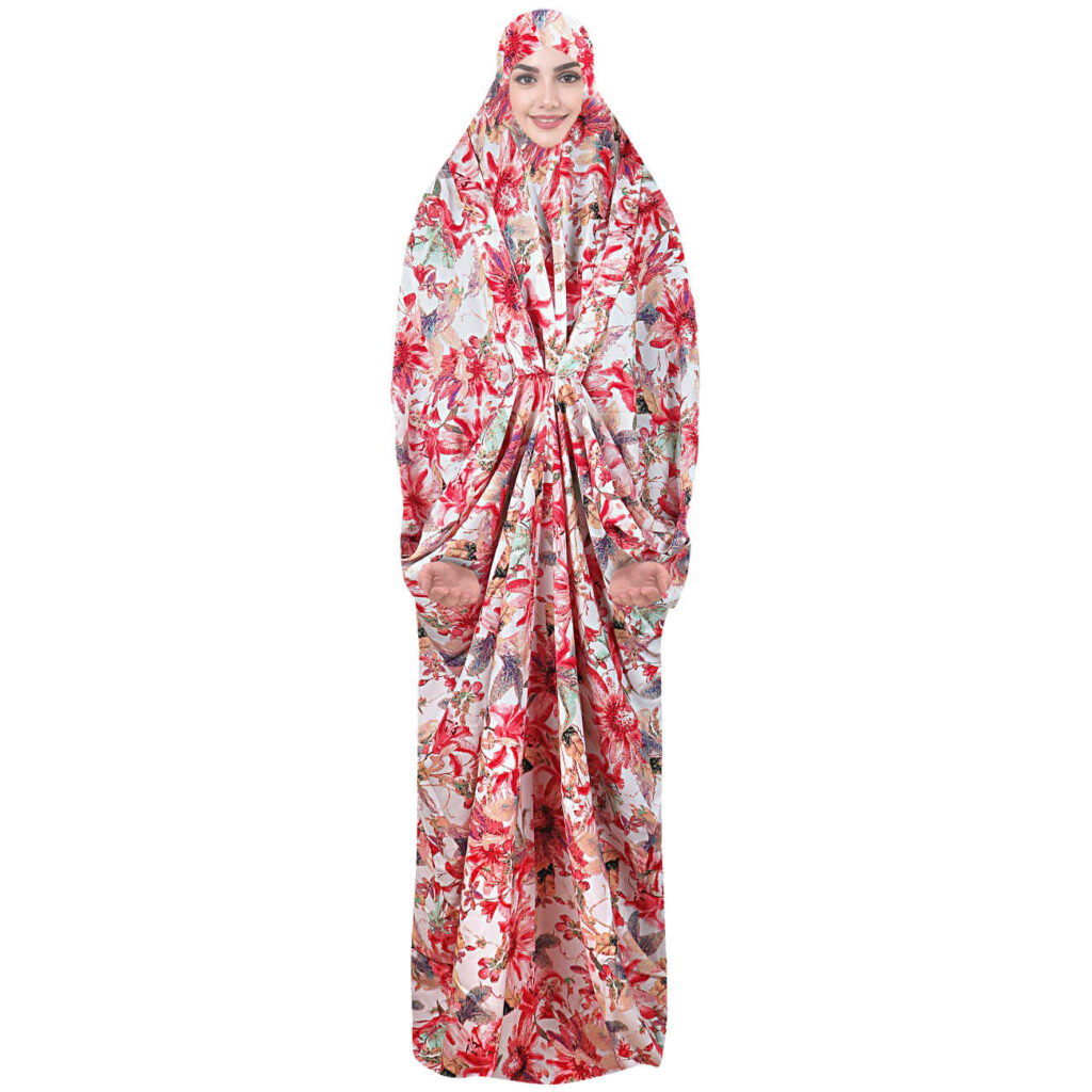 Tchador Islamique de Namaz avec Manches pour Femmes avec Design Floral en Rouge