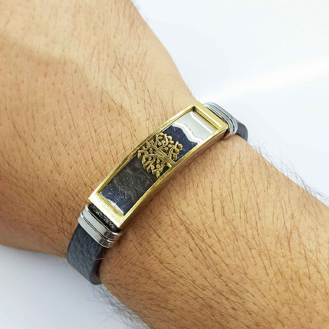 Bracelet en cuir et acier avec motif d’arbre noir