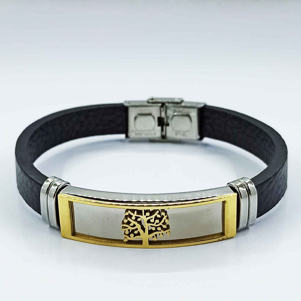 Bracelet en cuir et acier avec motif d'arbre noir