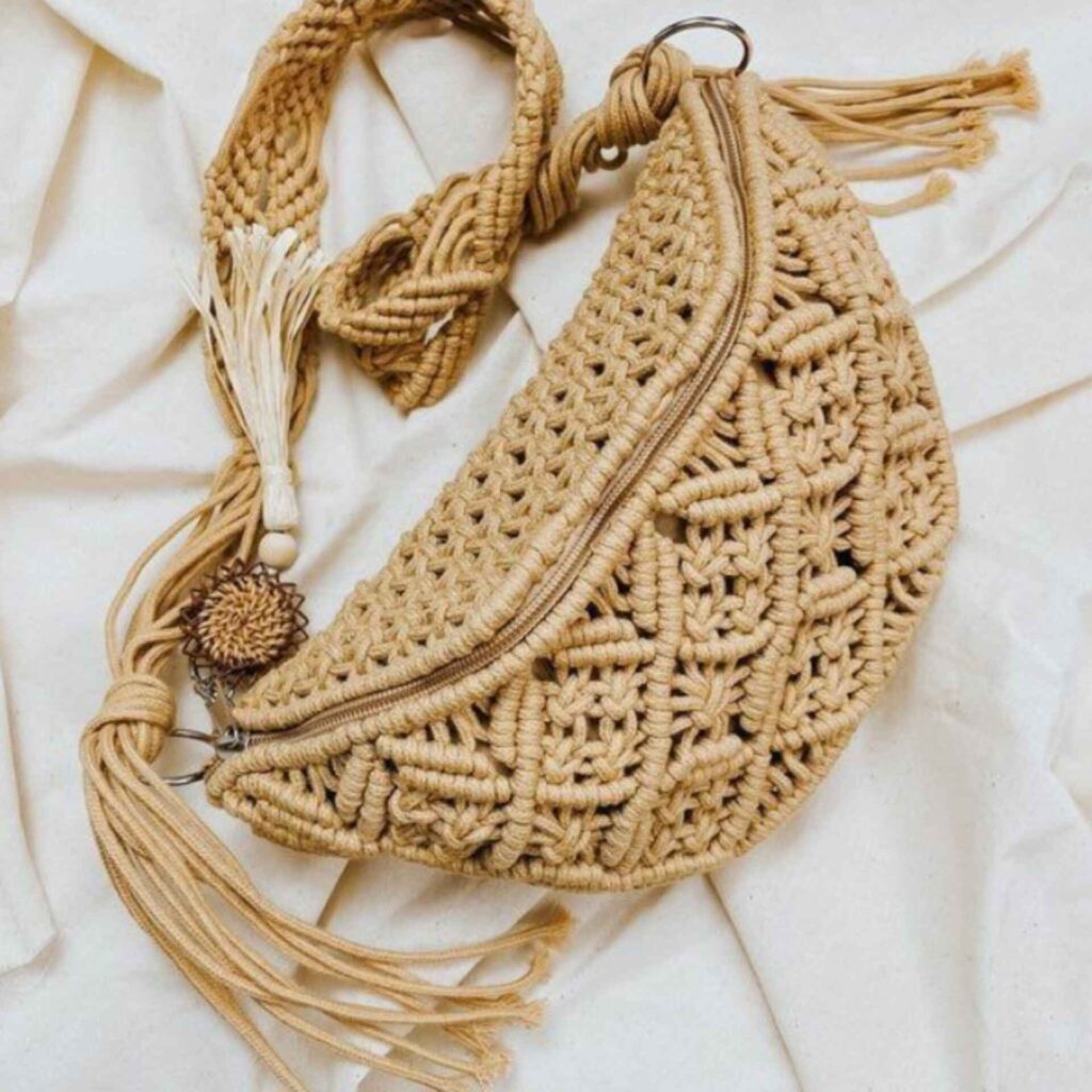 Sac bandoulière macramé tissé à la main, modèle taille