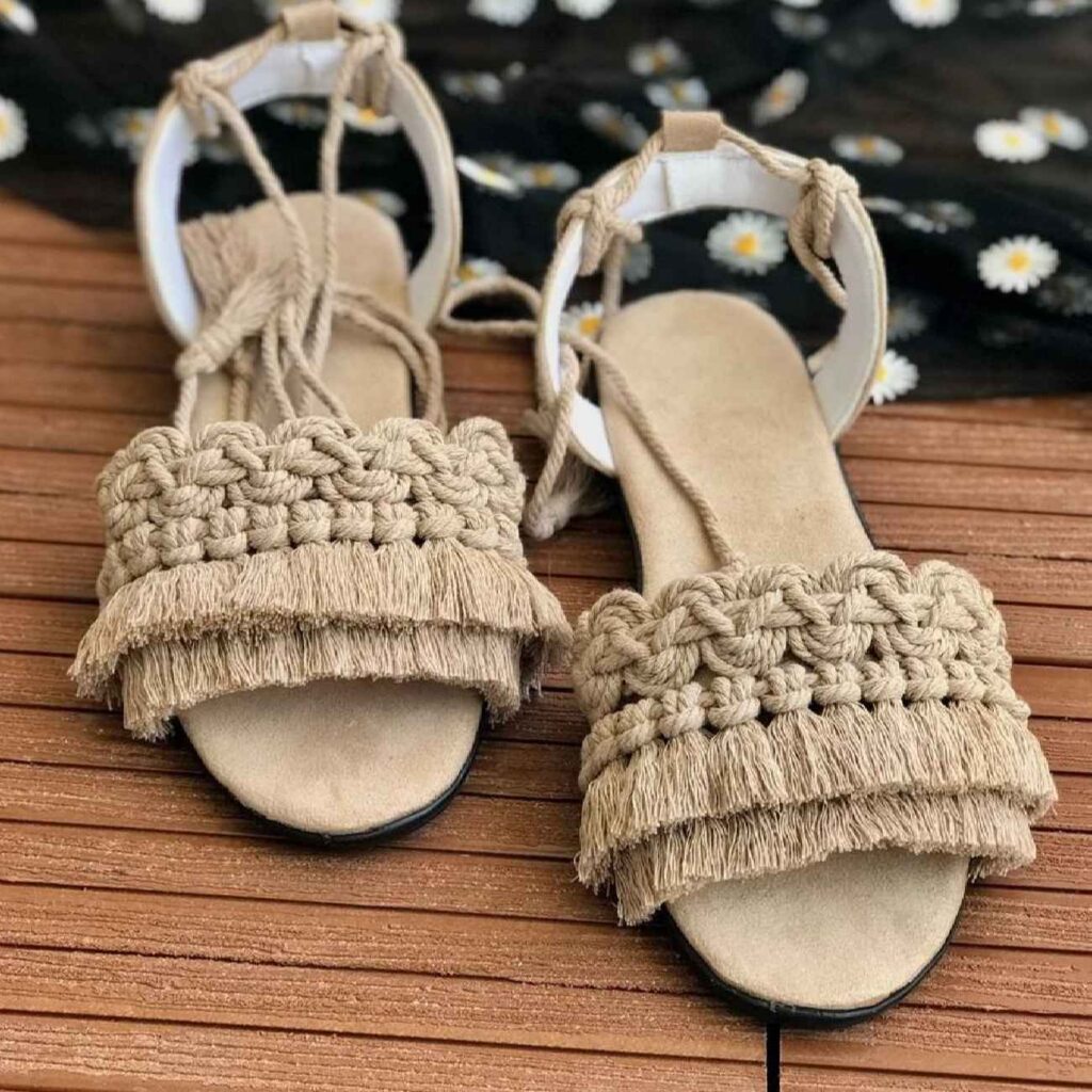 Sandales Sling Back en Macramé pour Femmes, Modèle Frange