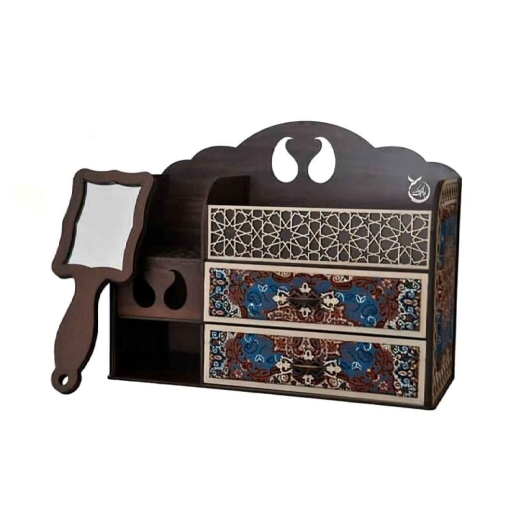 Ensemble de Support Organisateur de Maquillage avec Miroir à Main – Bois et Termeh