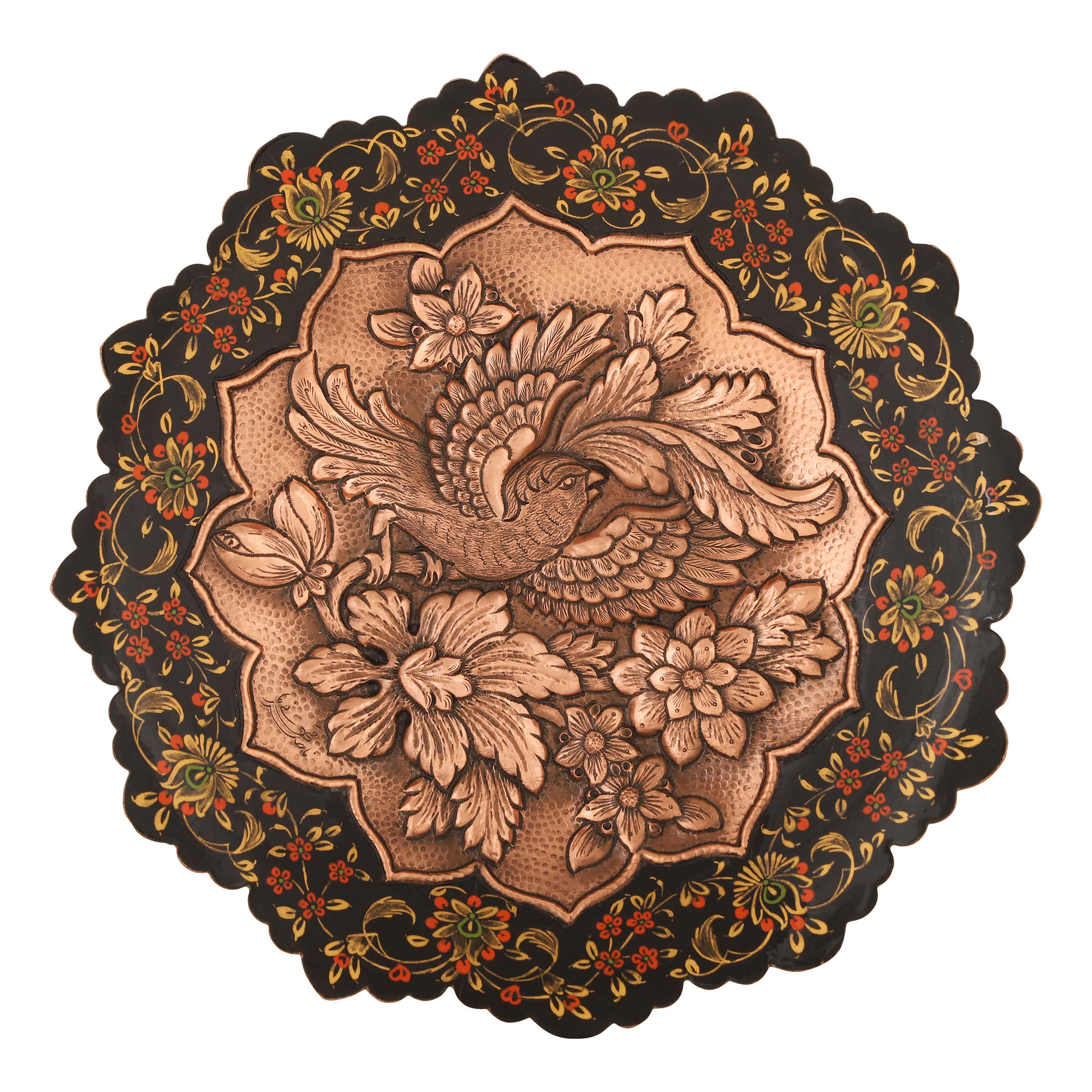 Plat décoratif en cuivre persan gravé – Design traditionnel avec oiseaux et fleurs