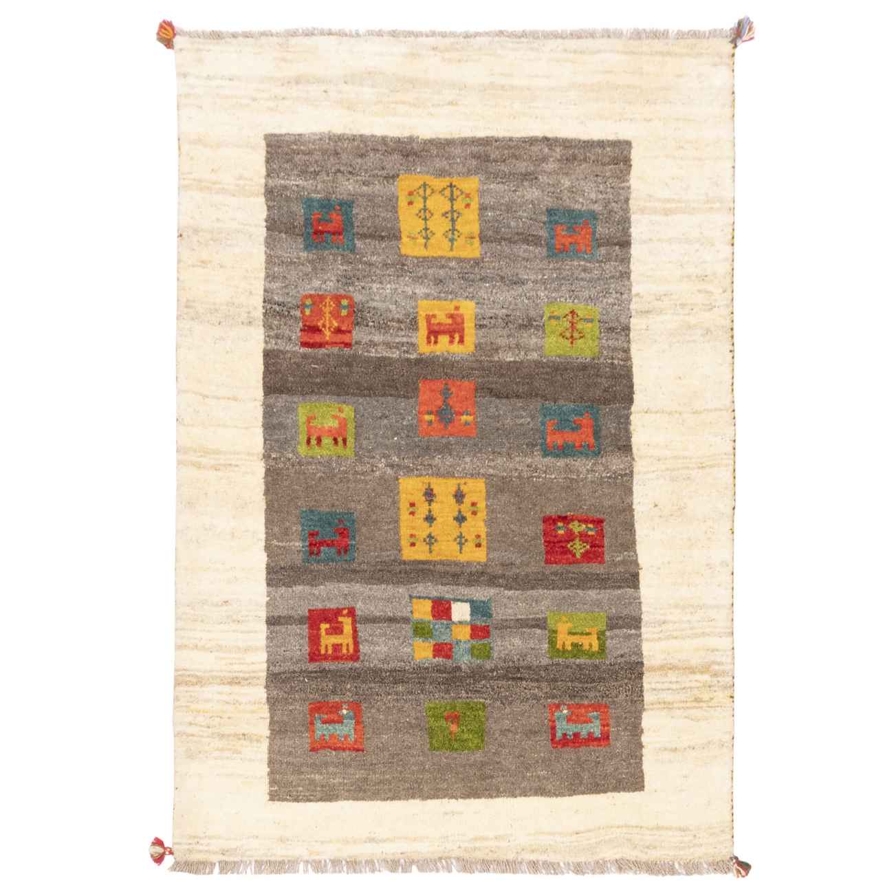 Tapis Gabbeh Persan en laine authentique tissé à la main dans le Fars, motifs animaliers