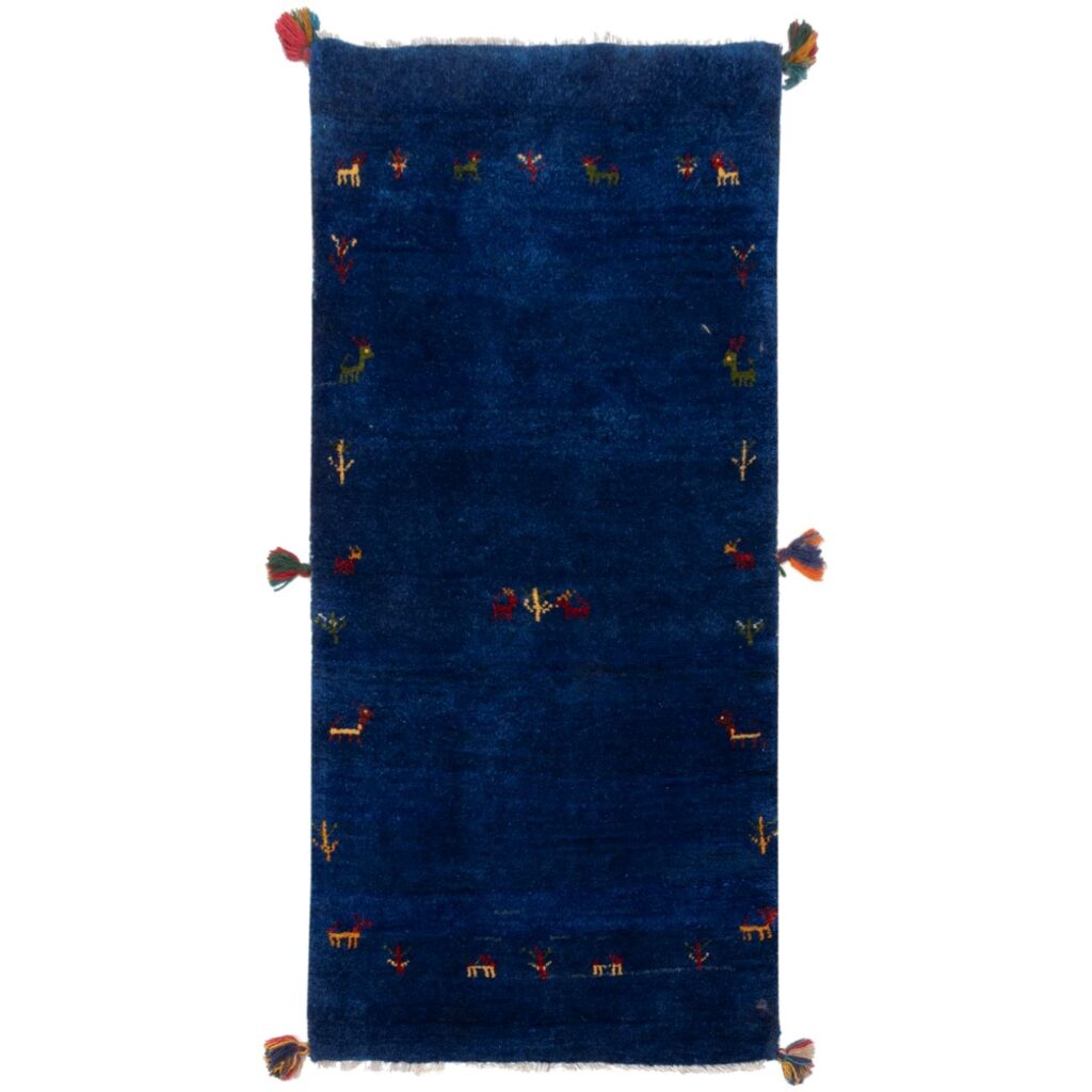 Tapis de course Gabbeh Persan en laine tissé à la main dans le Fars, motifs animaliers bleu marine
