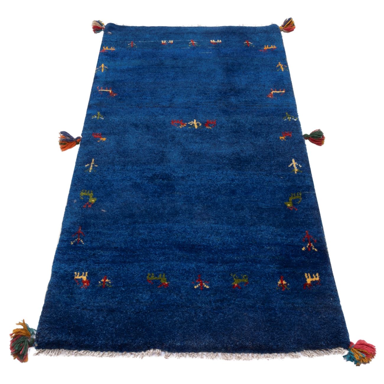 Tapis de course Gabbeh Persan en laine tissé à la main dans le Fars, motifs animaliers bleu marine
