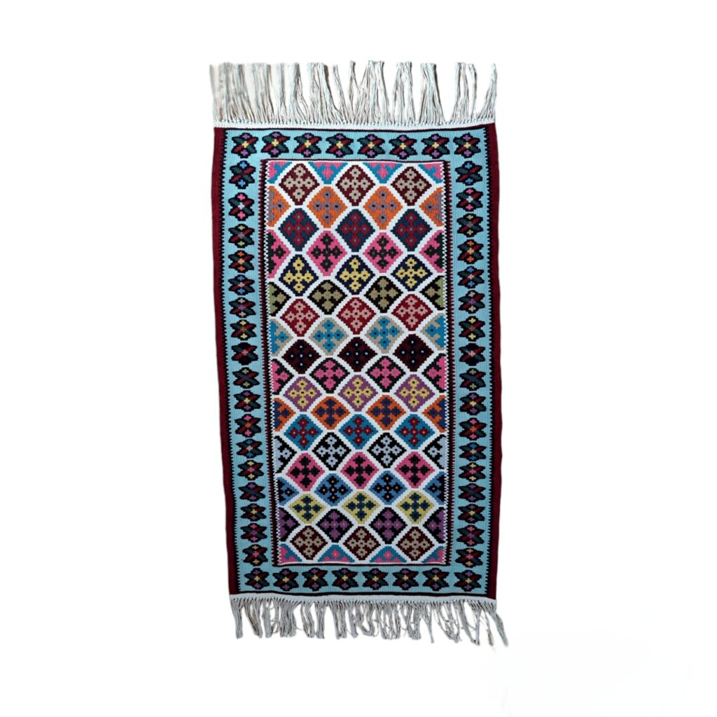 Tapis Kilim Persan en laine avec soie, tissé à la main, Qashqai à Ardabil, bleu
