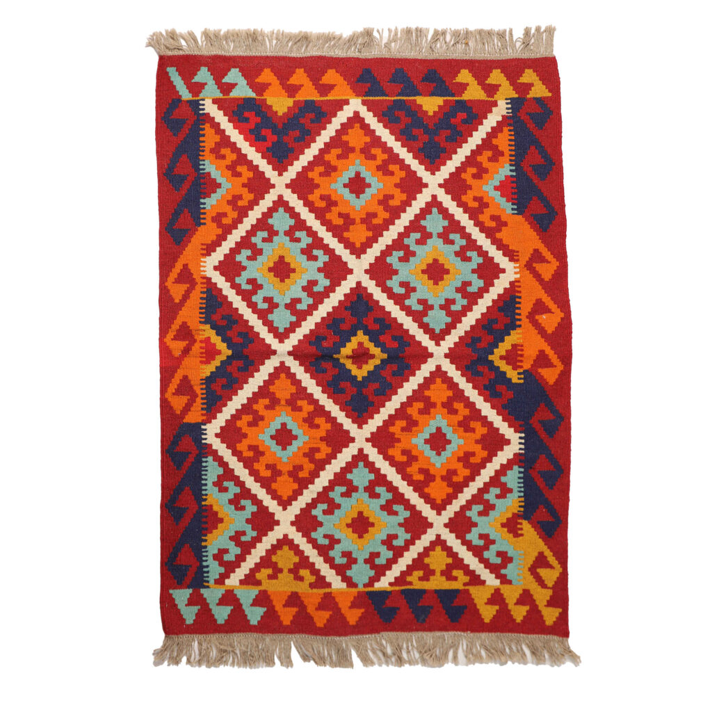 Tapis Kilim Persan en laine tissé à la main dans le Fars, Qashqai rouge
