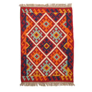 Tapis Kilim Persan en laine tissé à la main dans le Fars, Qashqai rouge