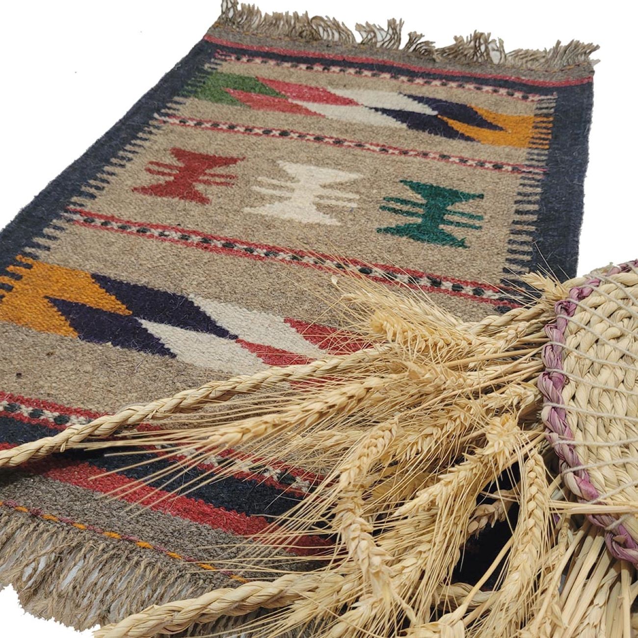 Tapis Kilim Persan en laine authentique tissé à la main à Shiraz, géométrique