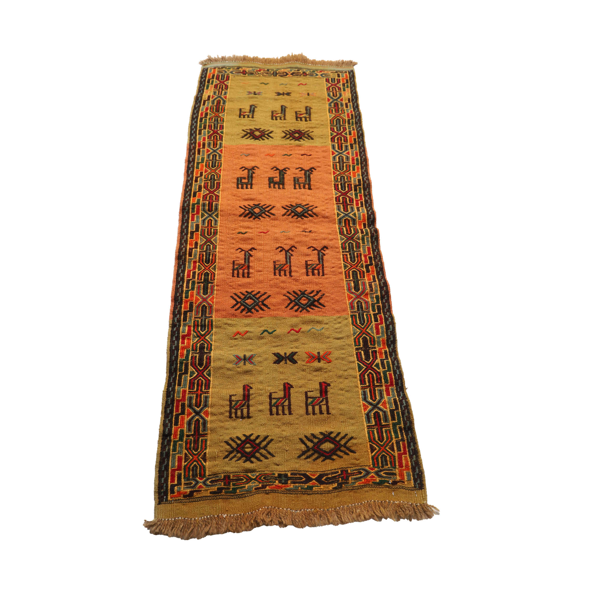 Tapis de course Kilim en laine persan – tissé à la main authentique dans le Khorasan avec motifs animaliers