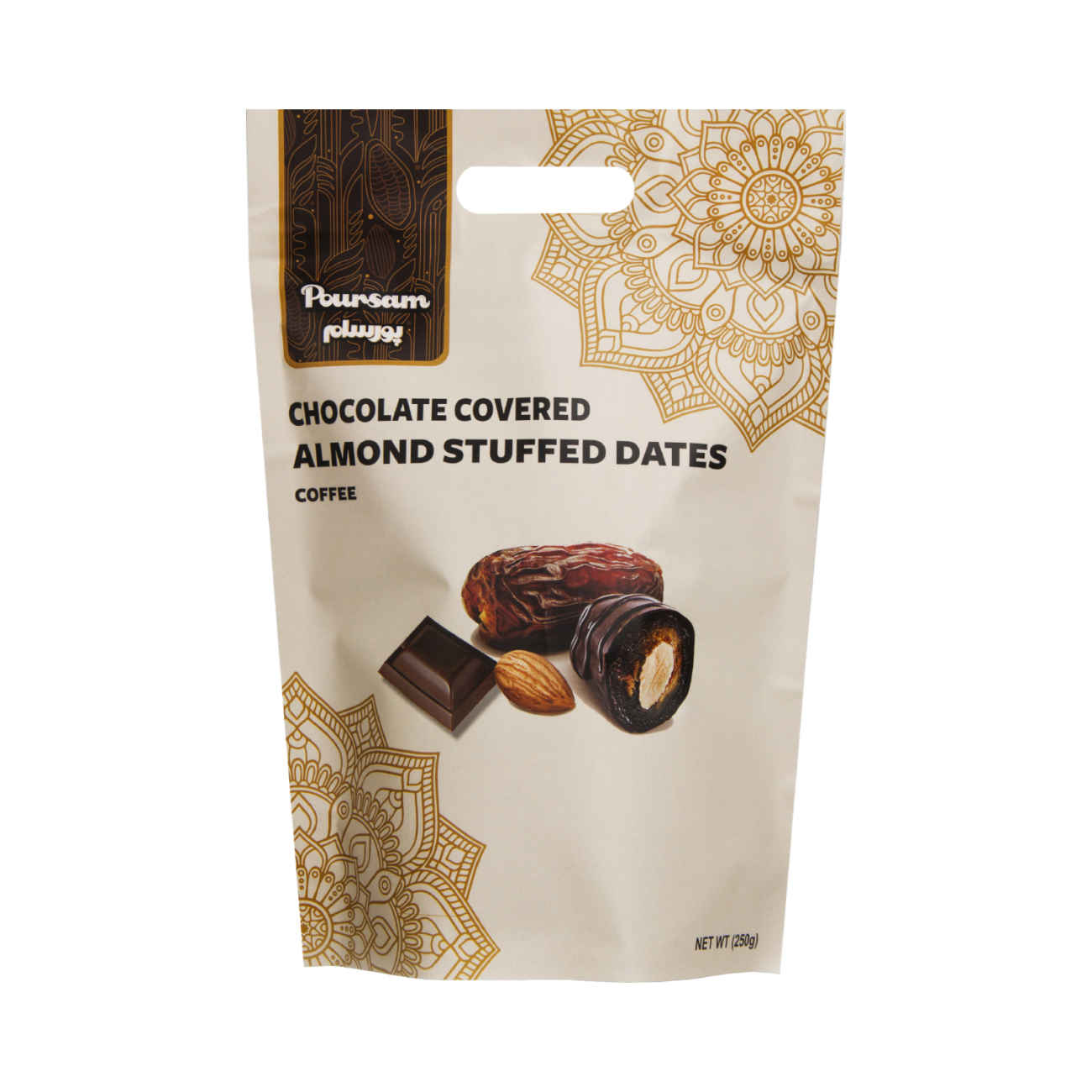 Dattes iraniennes enrobées de chocolat avec amandes par Porsam