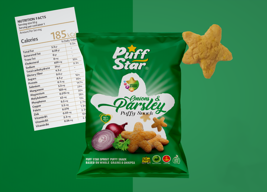 Sooyegh iranien – Snack étoilé soufflé aux légumineuses, saveur oignon et persil : céréales complètes et pois chiches, 50 g (10x)