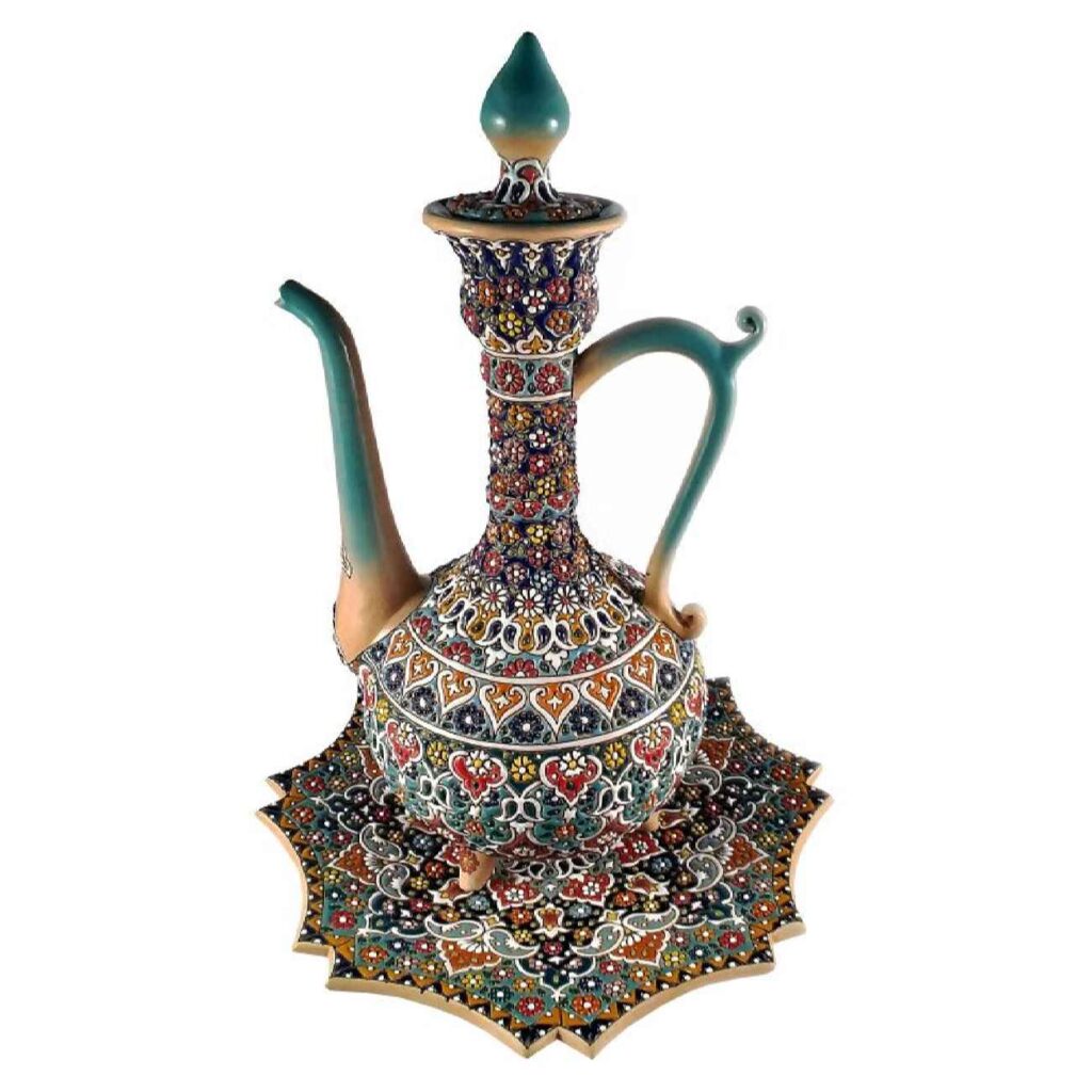 Ensemble flacon à eau de rose en poterie persane et assiette