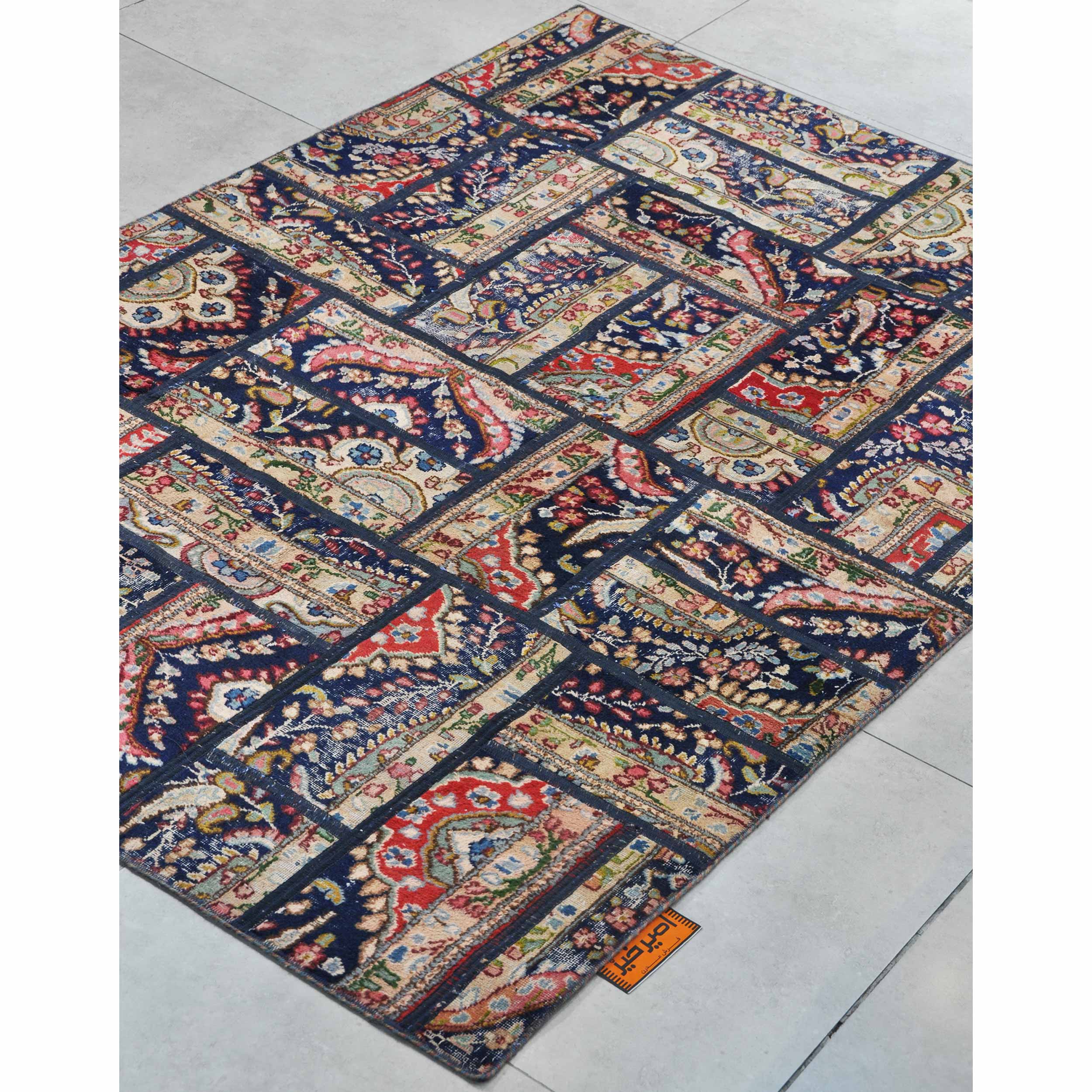 Tapis Persan Vintage Patchwork Noué à la Main Géométrique