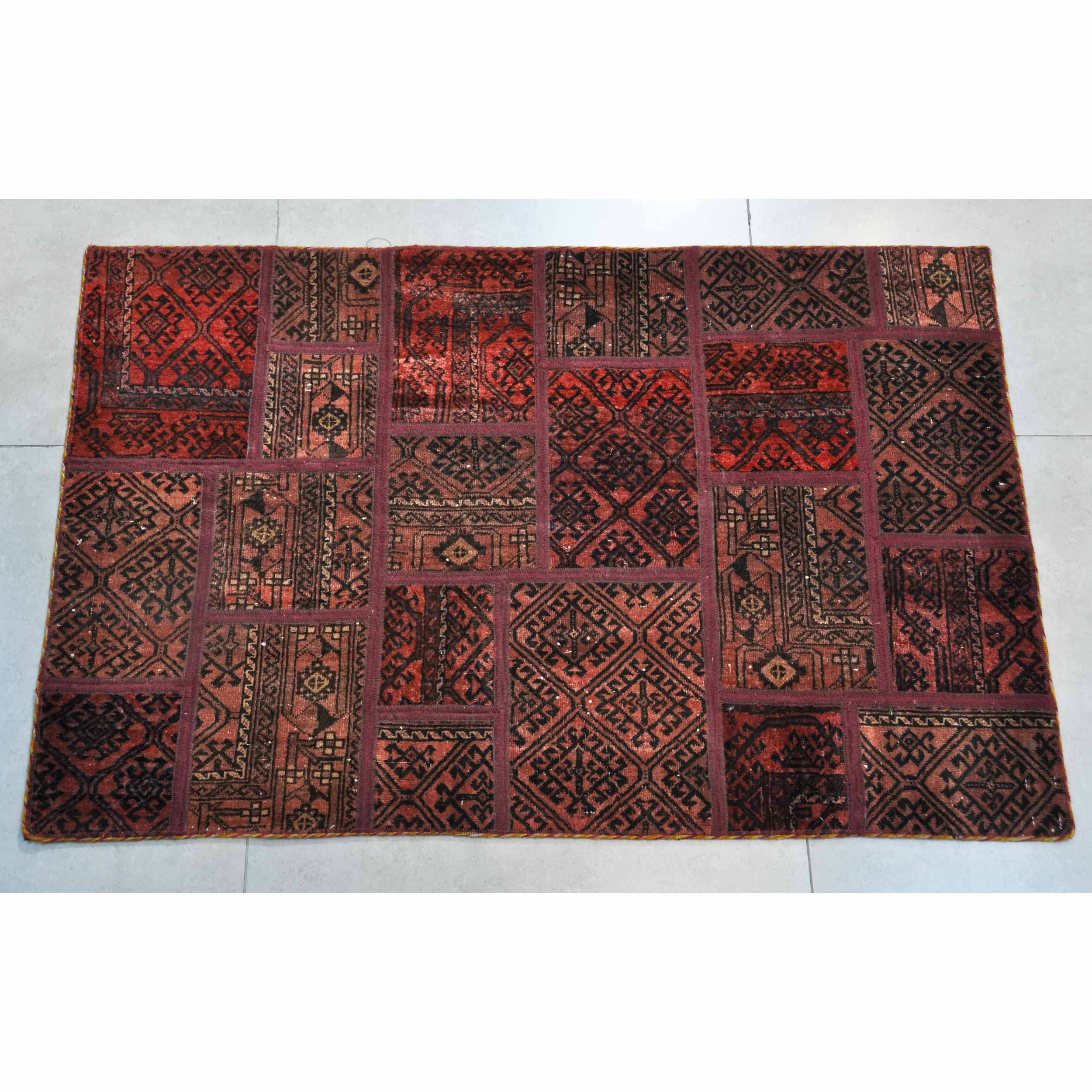 Tapis Persan Vintage Patchwork Noué à la Main Rouge