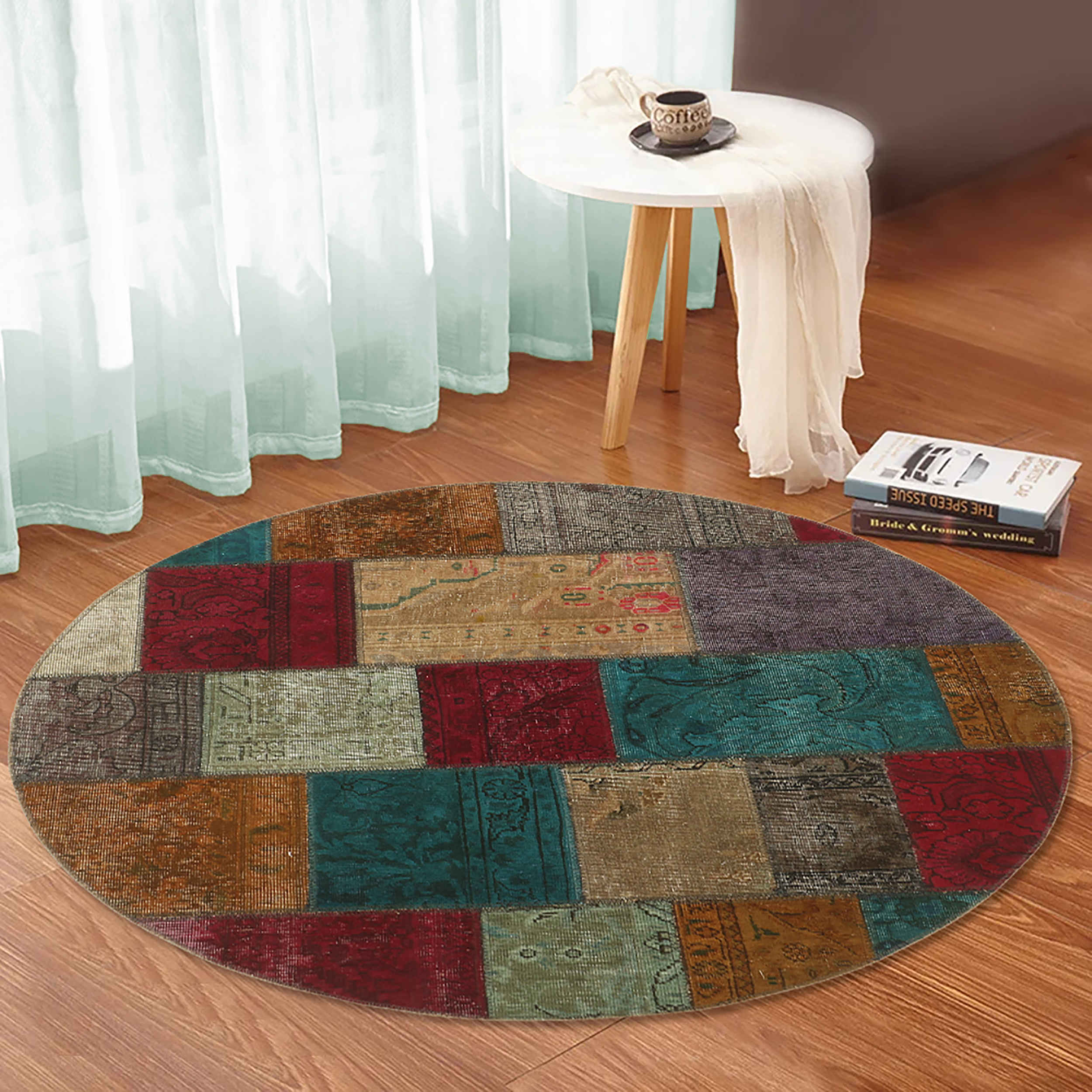 Tapis Persan Vintage Patchwork Noué à la Main Rond