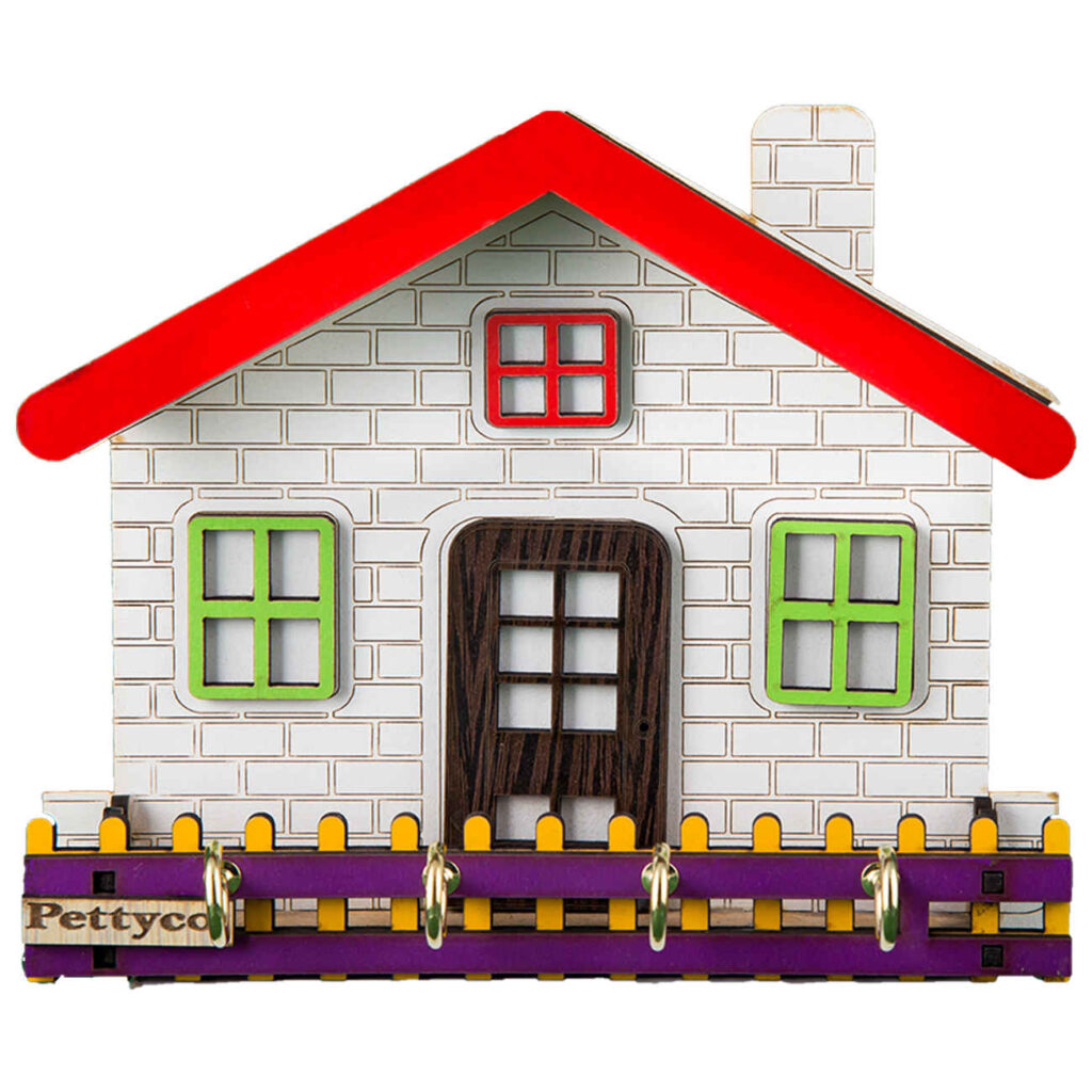 Porte-clés mural en bois avec design de hutte & 4 crochets