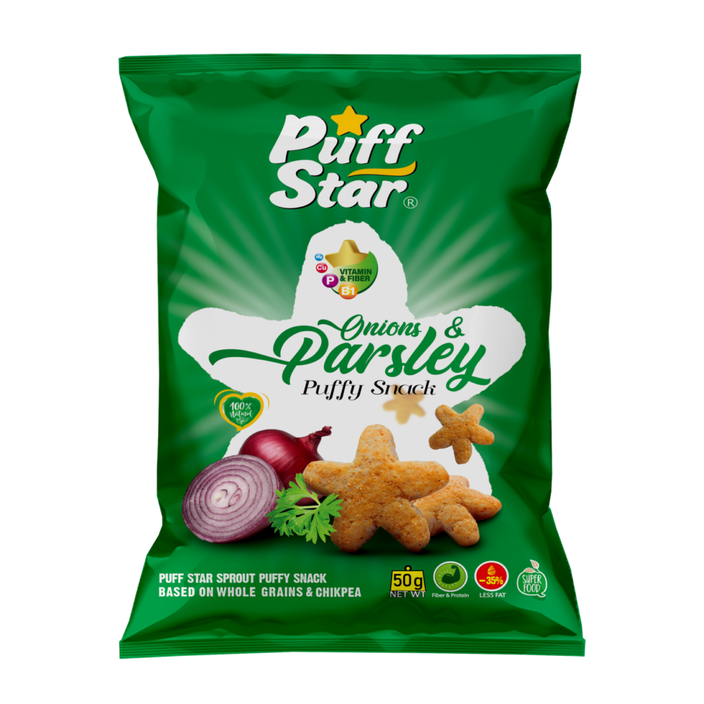 Sooyegh iranien – Snack étoilé soufflé aux légumineuses, saveur oignon et persil : céréales complètes et pois chiches, 50 g (10x)