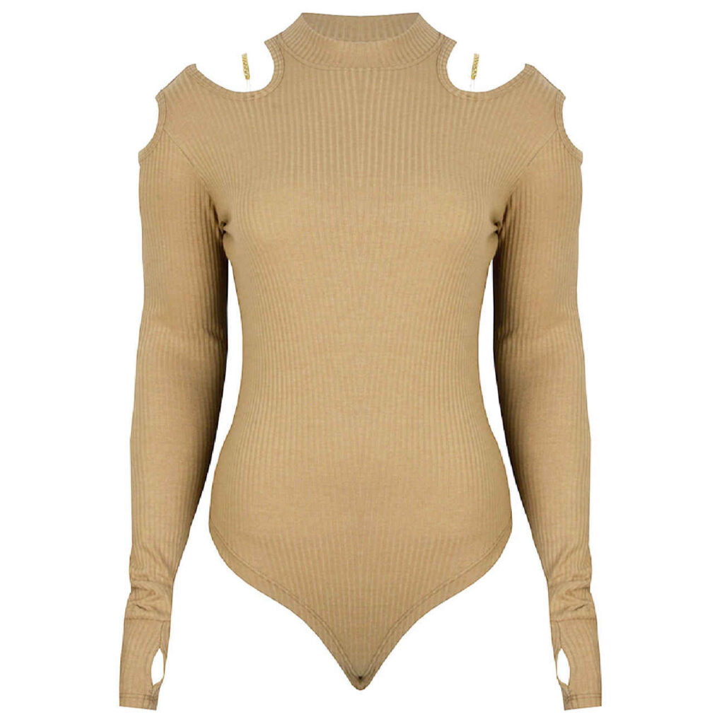 Bodysuit à manches longues avec trous pour les pouces pour femmes en crème