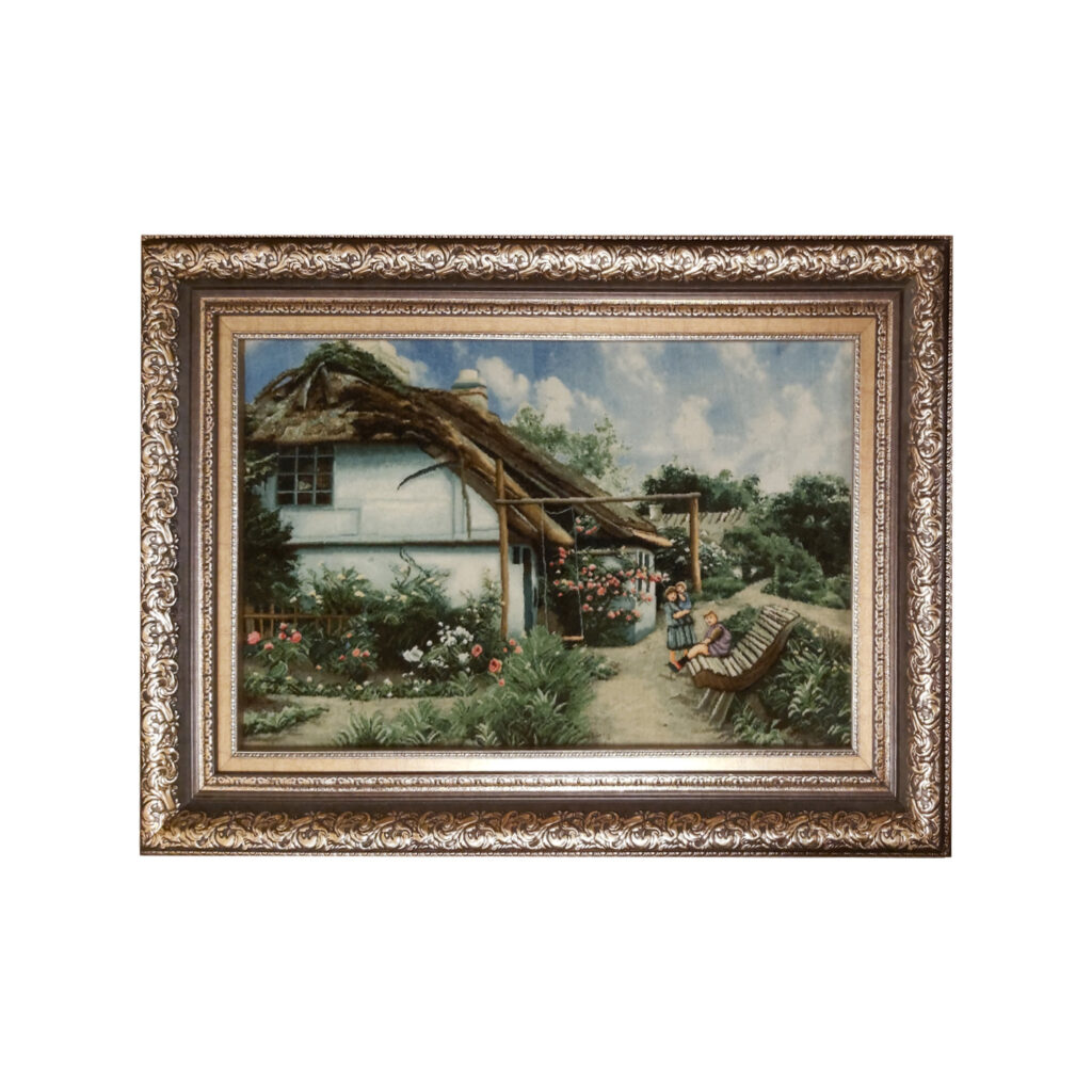 Tapis persan figuratif noué à la main de Tabriz représentant la sérénité d’un cottage