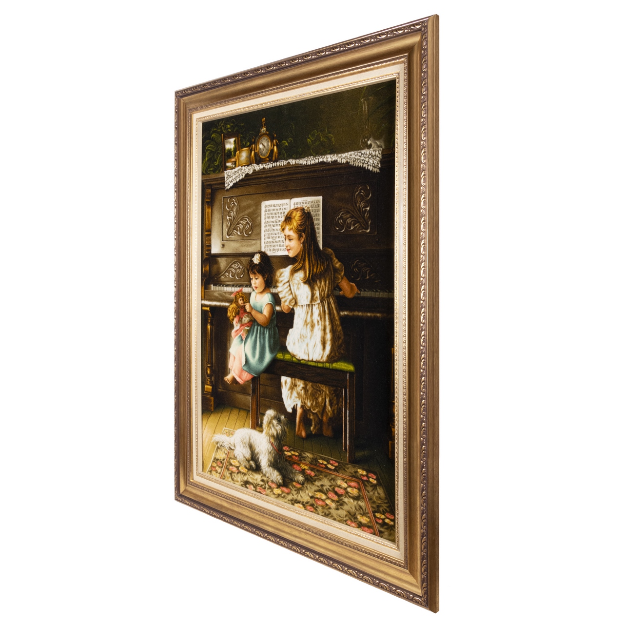 Tapis persan figuratif noué à la main de Tabriz représentant une fille au piano