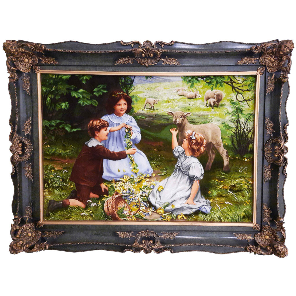 Tapis persan figuratif noué à la main de Tabriz représentant La joie du printemps par Arthur John Elsley