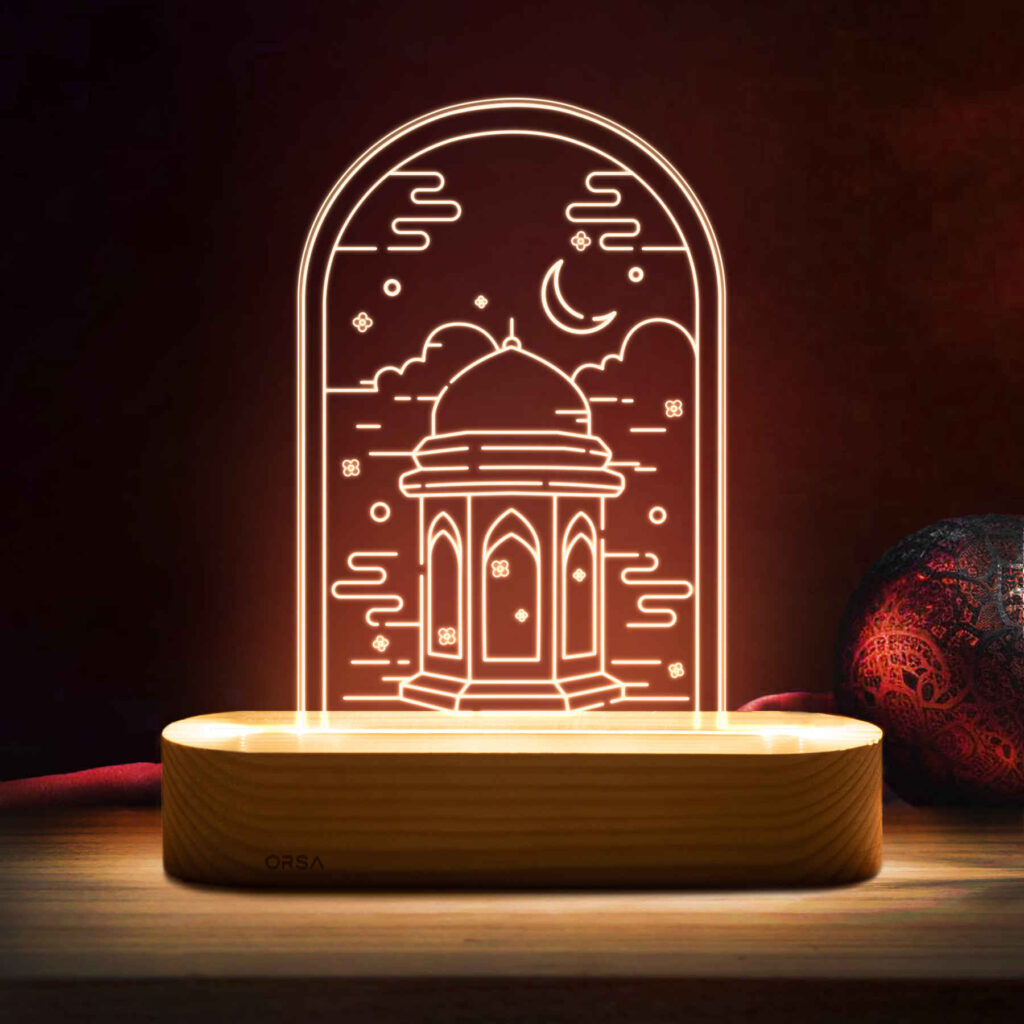 Lampe de chevet LED 3D Islamique Fontaine d'eau du Saint Sanctuaire avec base en bois
