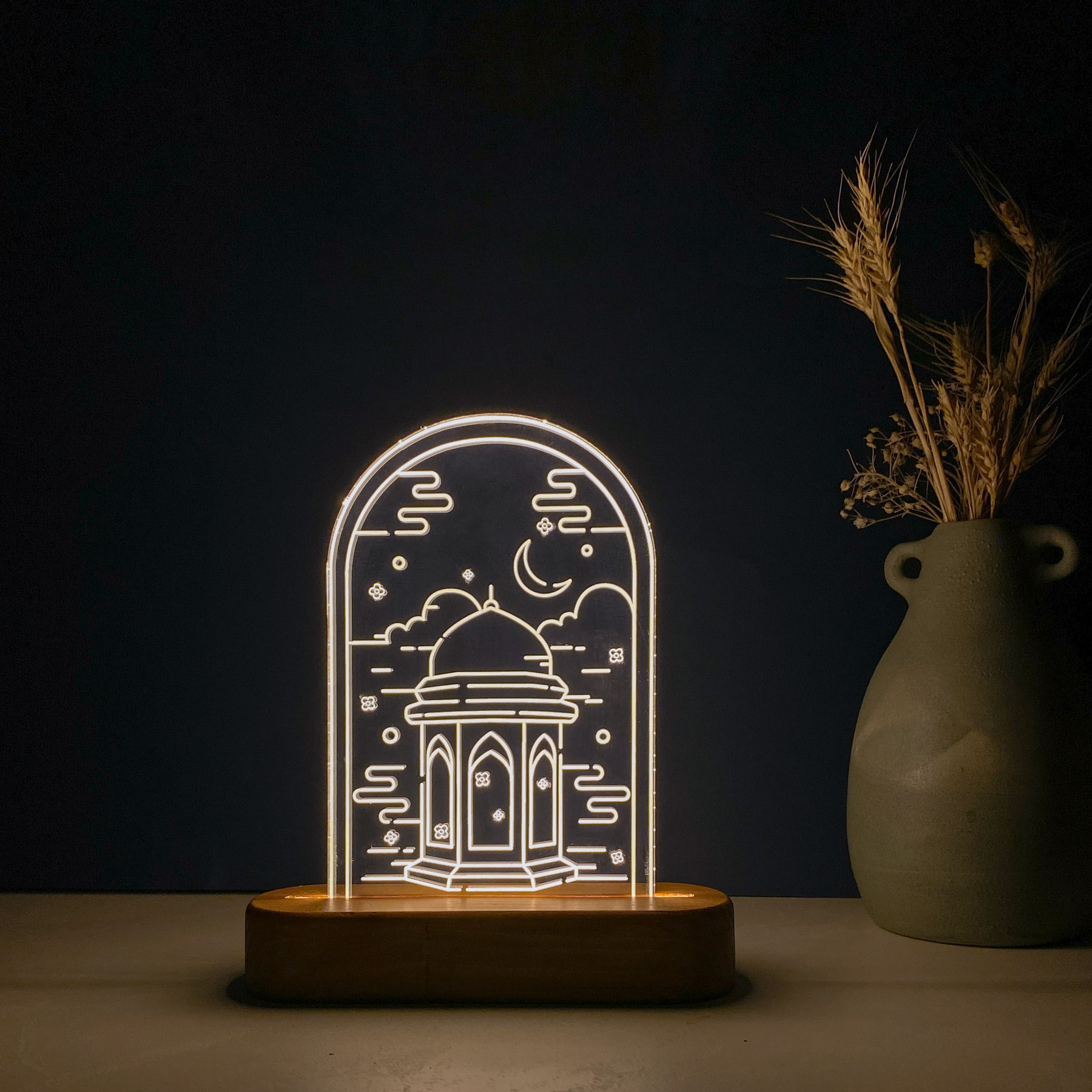 Lampe de chevet LED 3D Islamique Fontaine d’eau du Saint Sanctuaire avec base en bois