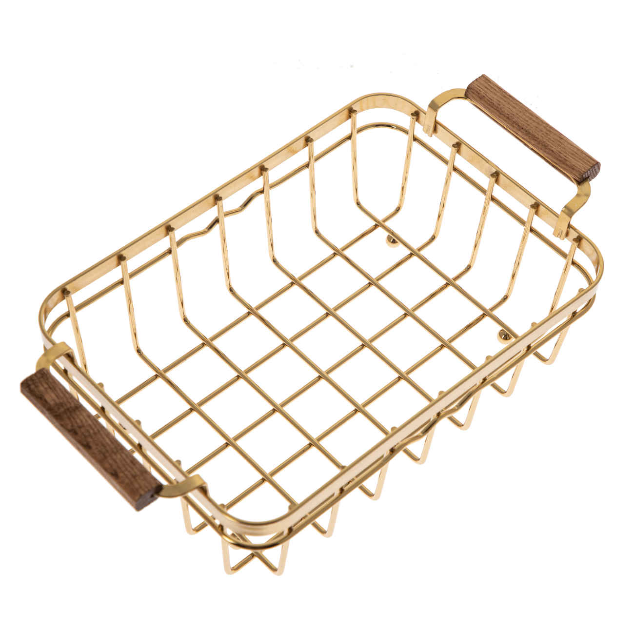 Panier à fruits en fil métallique avec base en bois en or