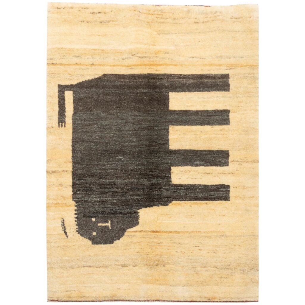 Tapis Gabbeh persan en laine tissé à la main original dans le Fars, chat en crème