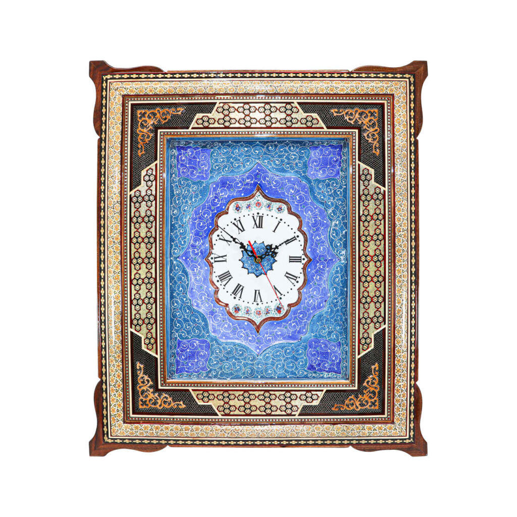 Horloge murale en bois persane artisanale - Art du marqueterie Khatam, Classique